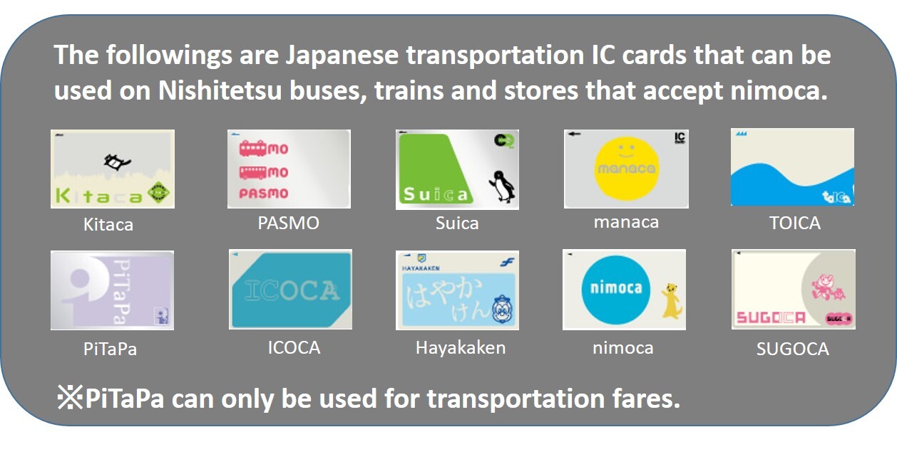 下列全國各種交通IC卡，均可搭乘西鐵巴士、電車及在nimoca加盟店使用。