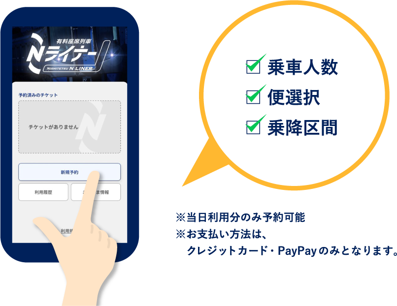乗車人数・便選択・乗降区間 ※当日利用分のみ予約可能 ※お支払い方法は、クレジットカード・PayPayのみとなります。